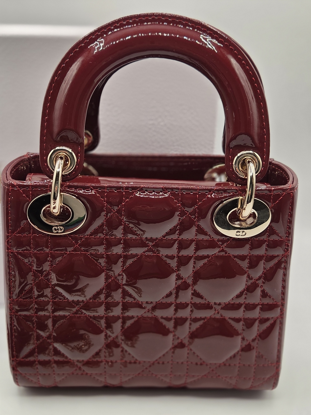 Authentic Christian Dior Mini Lady Dior Bag - Burgundy Patent Cannage GHW - Picture 11 of 16